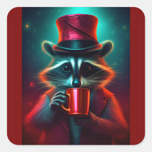 Racoon Dressed In A Red Outfit Drinking Coffee Square Sticker