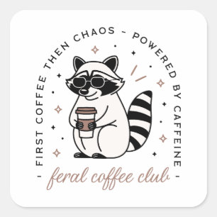 Racoon drinking coffee club funny square sticker