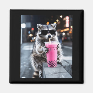 Racoon drinking iced boba pink tea funny meme men magnet