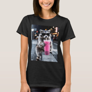 Racoon drinking iced boba pink tea funny meme men T-Shirt