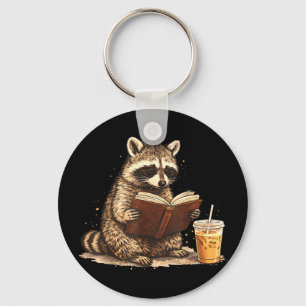 Racoon drinking iced coffee &amp; reading book key ring