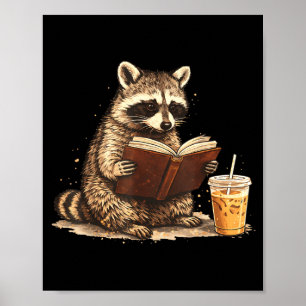 Racoon drinking iced coffee & reading book poster