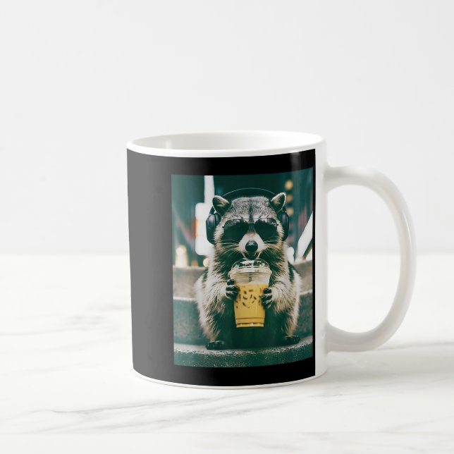 Racoon Drinking Iced Coffee Animal Meme Graphic Mug (Right)