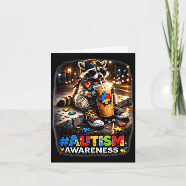 Racoon drinking iced coffee autism awareness card (Front)