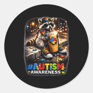 Racoon drinking iced coffee autism awareness classic round sticker