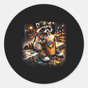 Racoon drinking iced coffee autism awareness classic round sticker