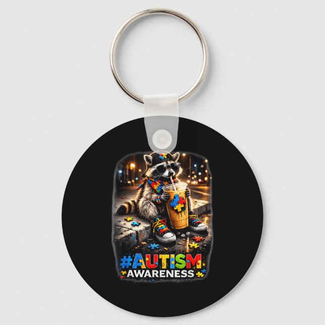 Racoon drinking iced coffee autism awareness key ring (Front)