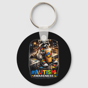 Racoon Drinking Iced Coffee Autism Awareness Key Ring