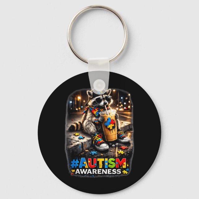 Racoon Drinking Iced Coffee Autism Awareness Key Ring (Front)
