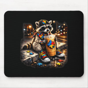 Racoon drinking iced coffee autism awareness mouse pad