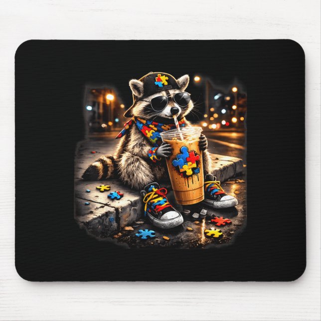 Racoon drinking iced coffee autism awareness mouse pad (Front)