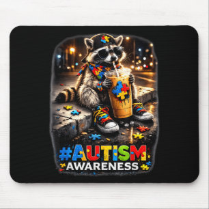 Racoon drinking iced coffee autism awareness mouse pad