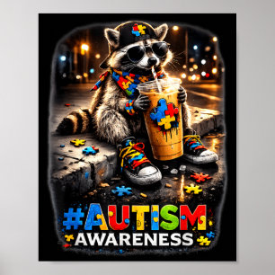 Racoon drinking iced coffee autism awareness poster