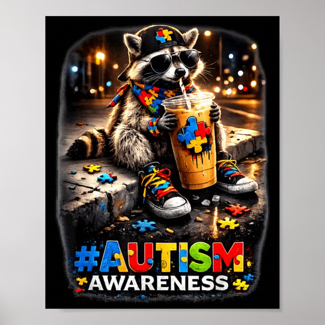 Racoon drinking iced coffee autism awareness poster (Front)