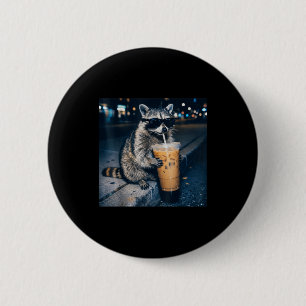 Racoon drinking iced coffee funny animal meme 6 cm round badge