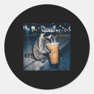 Racoon drinking iced coffee funny animal meme  classic round sticker