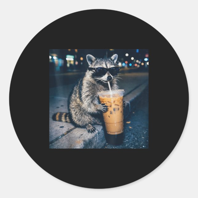 Racoon drinking iced coffee funny animal meme  classic round sticker (Front)