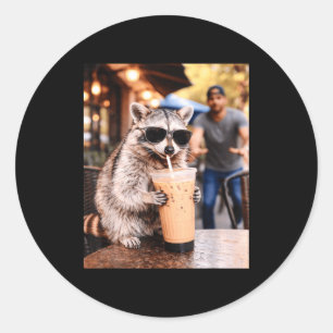 Racoon drinking iced coffee funny animal meme coo classic round sticker