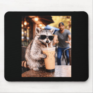 Racoon drinking iced coffee funny animal meme coo mouse pad