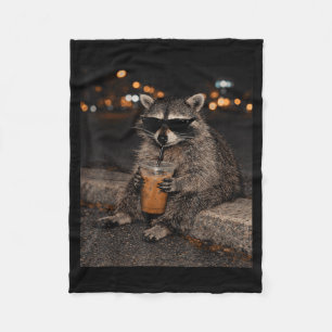 Racoon drinking iced coffee funny animal meme fleece blanket