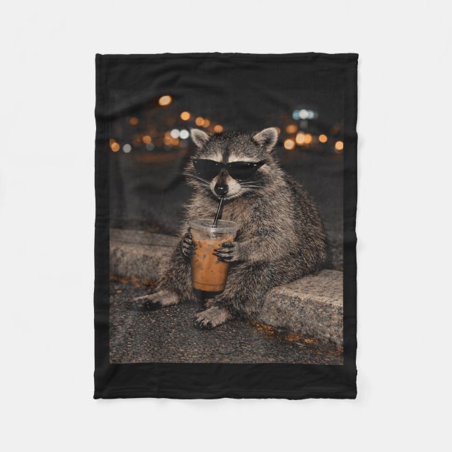 Racoon drinking iced coffee funny animal meme fleece blanket (Front)