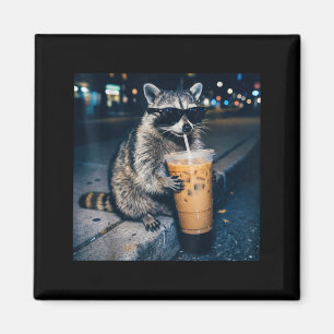 Racoon drinking iced coffee funny animal meme magnet