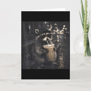 Racoon Drinking Iced Coffee Funny Animal Meme Men Card