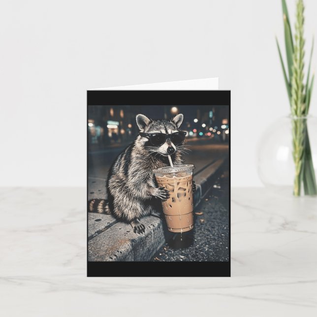 Racoon Drinking Iced Coffee Funny Animal Meme Men Card (Front)