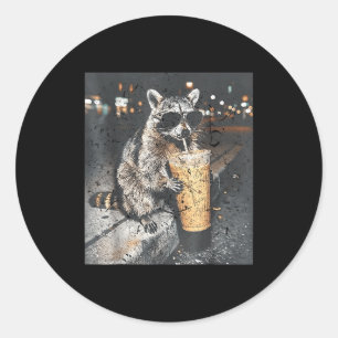 Racoon drinking iced coffee funny animal meme men classic round sticker