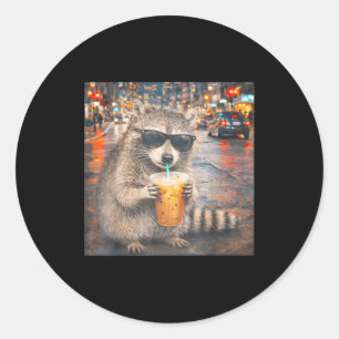 Racoon drinking iced coffee funny animal meme men classic round sticker
