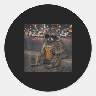 Racoon drinking iced coffee funny animal meme men classic round sticker