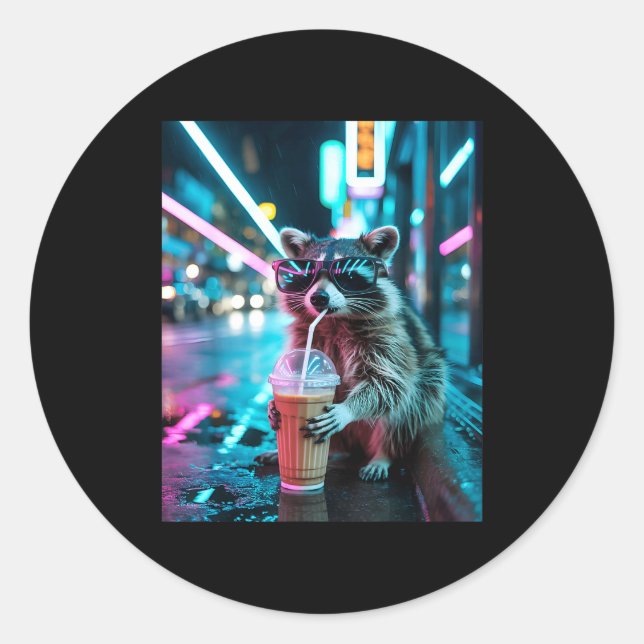 Racoon drinking iced coffee funny animal meme men classic round sticker (Front)
