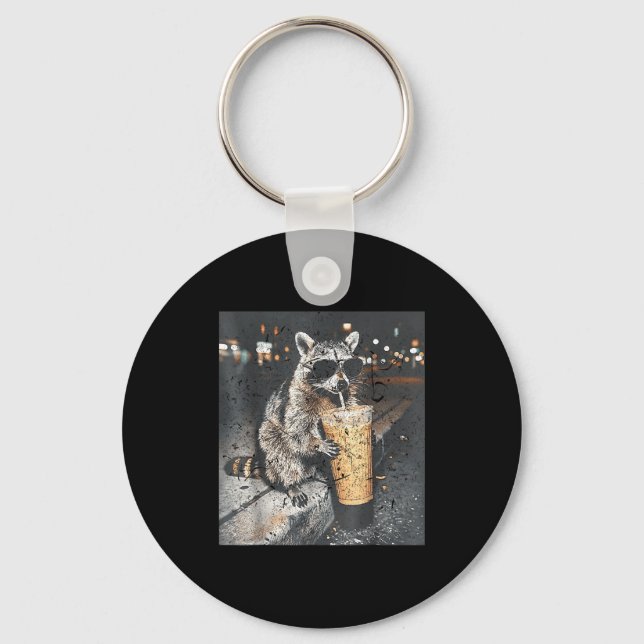 Racoon drinking iced coffee funny animal meme men key ring (Front)