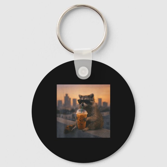 Racoon drinking iced coffee funny animal meme men key ring (Front)