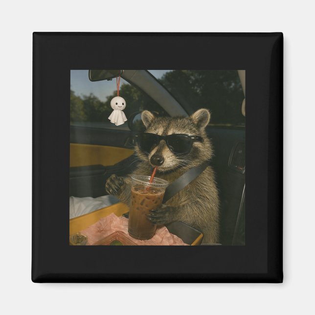 Racoon drinking iced coffee funny animal meme men magnet (Front)