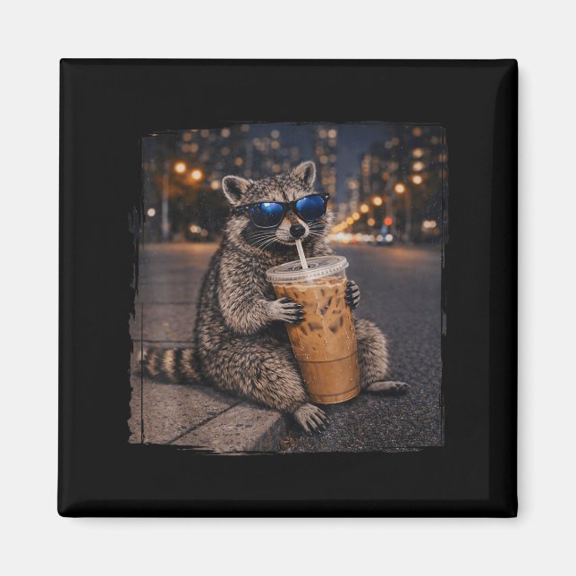 Racoon drinking iced coffee funny animal meme men magnet (Front)