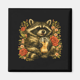 Racoon drinking iced coffee funny animal meme men magnet