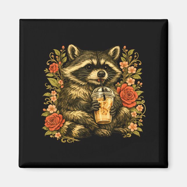 Racoon drinking iced coffee funny animal meme men magnet (Front)