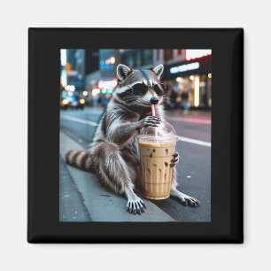 Racoon drinking iced coffee funny animal meme men magnet