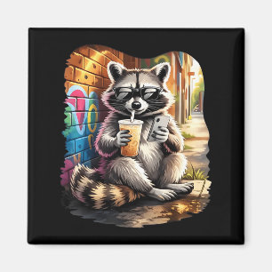 Racoon drinking iced coffee funny animal meme men magnet