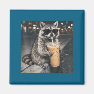 Racoon drinking iced coffee funny animal meme men magnet