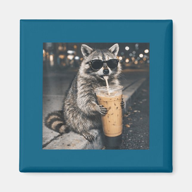 Racoon drinking iced coffee funny animal meme men magnet (Front)