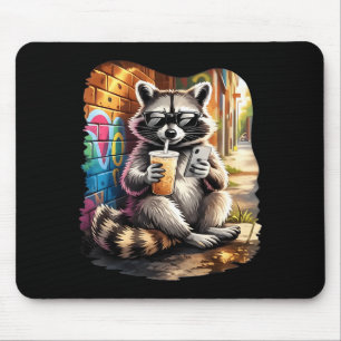 Racoon drinking iced coffee funny animal meme men mouse pad