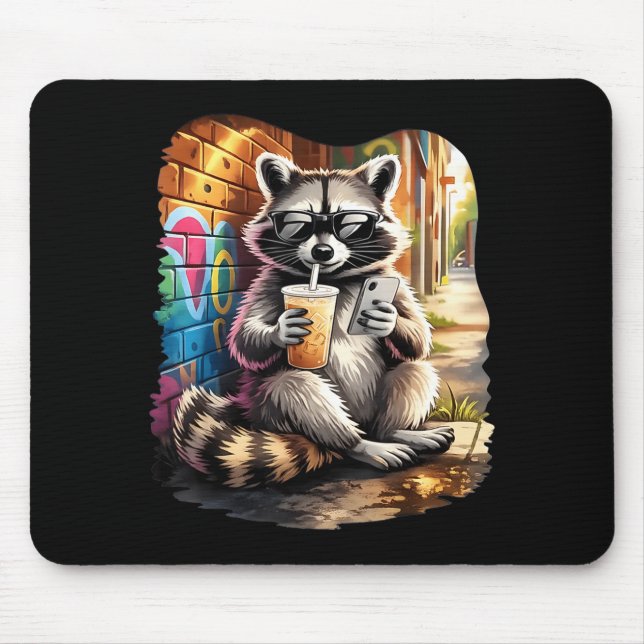 Racoon drinking iced coffee funny animal meme men mouse pad (Front)