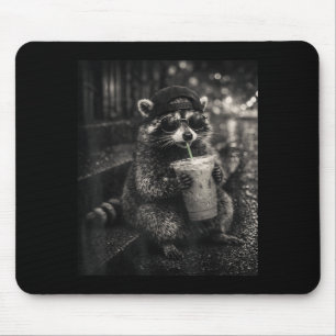 Racoon drinking iced coffee funny animal meme men mouse pad