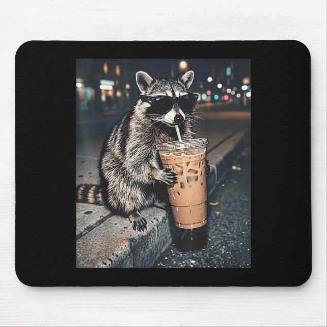 Racoon drinking iced coffee funny animal meme men mouse pad (Front)