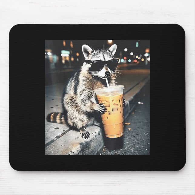 Racoon drinking iced coffee funny animal meme men mouse pad (Front)