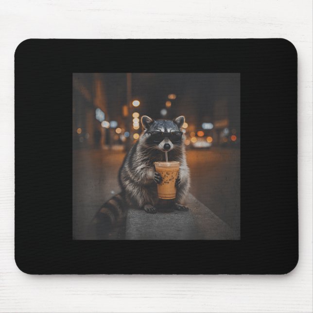 Racoon drinking iced coffee funny animal meme men mouse pad (Front)