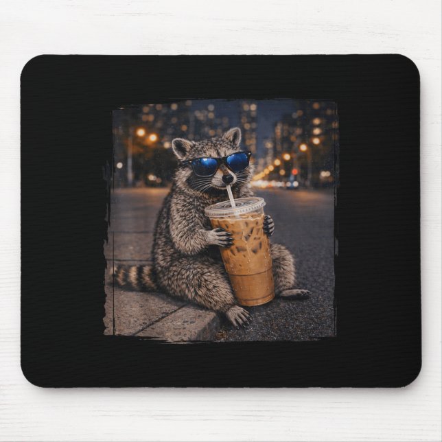 Racoon drinking iced coffee funny animal meme men mouse pad (Front)