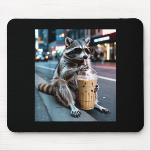 Racoon drinking iced coffee funny animal meme men mouse pad